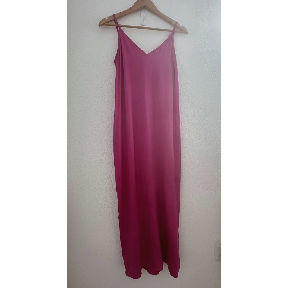 Old Navy Slip Maxi Dress S Raspberry Tart Pink Satin Smocked Side Slit Fairy NWT - Picture 2 of 16